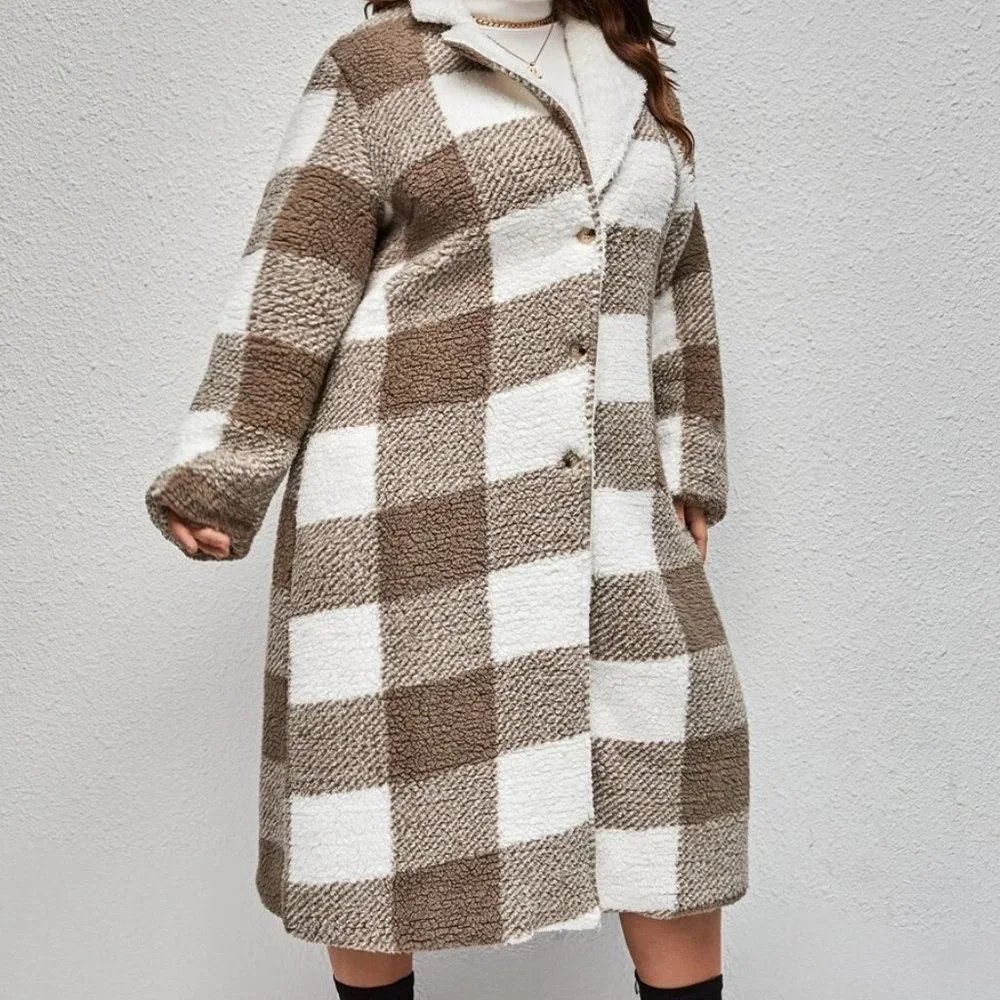 Plus Size Cuddle up Buffalo Plaid button down Teddy Coat - Picture 4 of 5